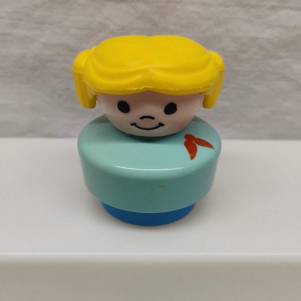 Little People 1990 Blonde Girl Teal Shirt Bow Chunky Fisher Price